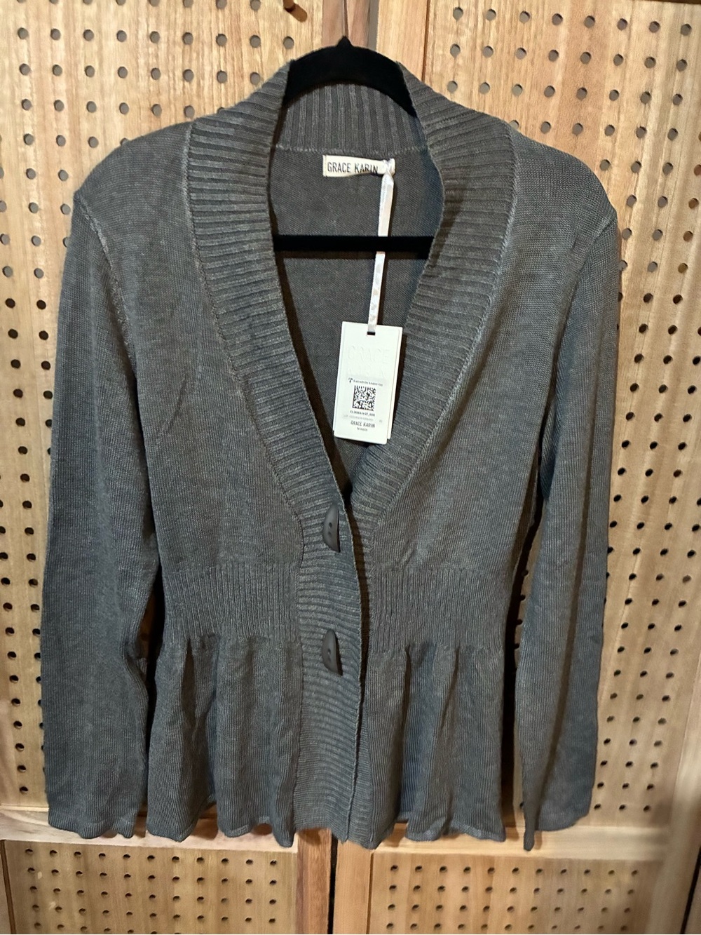 Grace Karin Gray Ribbed Shawl Collar Peplum Cardigan Size M